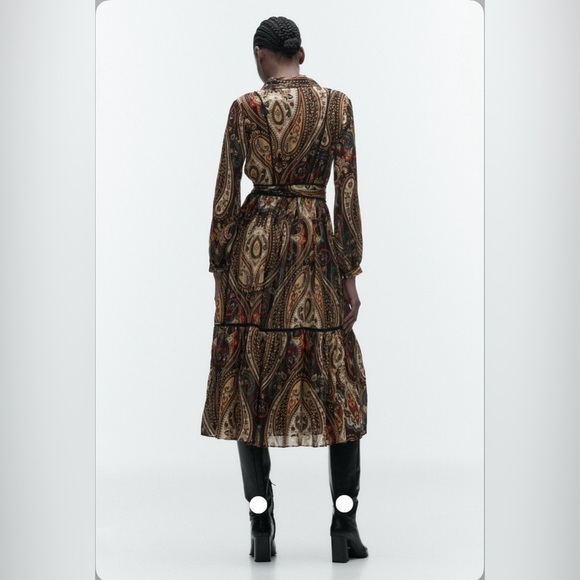 Zara Alabama Belted Midi Shirt Dress Women’s Medium Gold Paisley Lurex Button Up - Picture 6 of 13